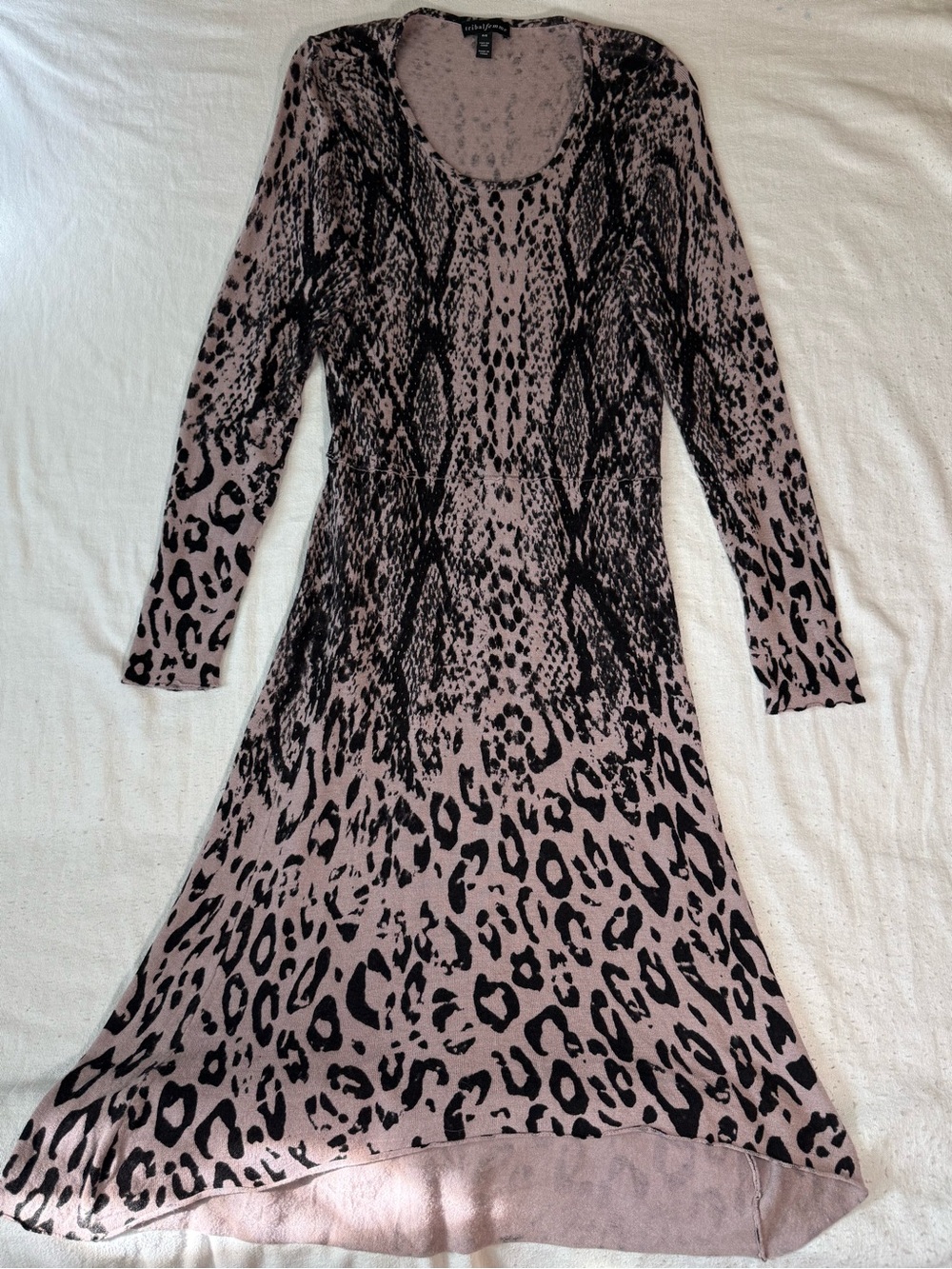 Tribal femme Blush Pink and Black Long Sleeve Animal Print Dress